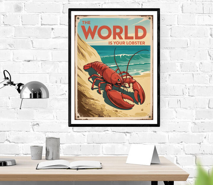 Framed retro lobster print hanging above a modern minimalist desk in a home office.