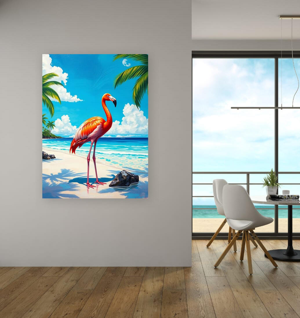 Retro flamingo beach canvas in a modern room with large glass window and an ocean view.