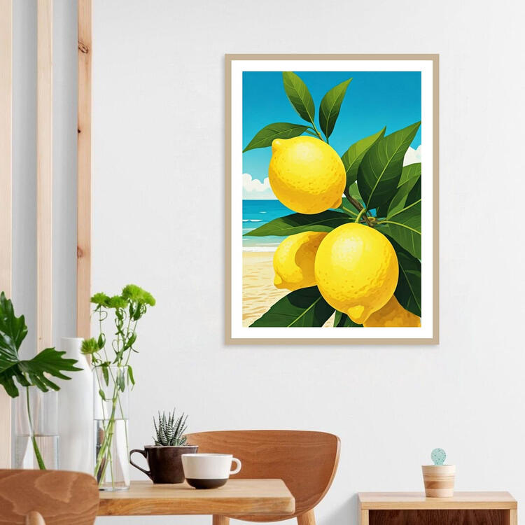 Three retro Mediterranean lemons painting above a breakfast table in a bright, airy kitchen.