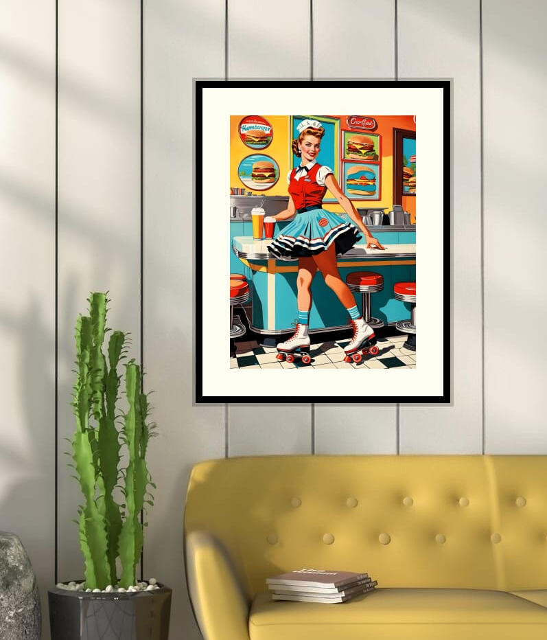 1950s diner waitress on roller skates serving food in a retro American cafe setting
