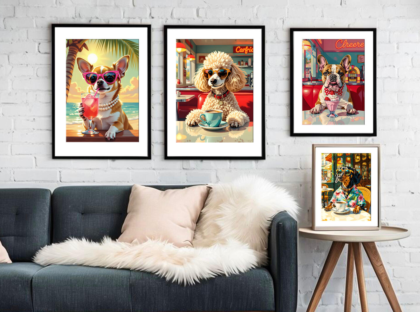 Gallery wall of three framed dog illustrations above a sofa, with a fourth framed dog print on a low table beside the sofa.